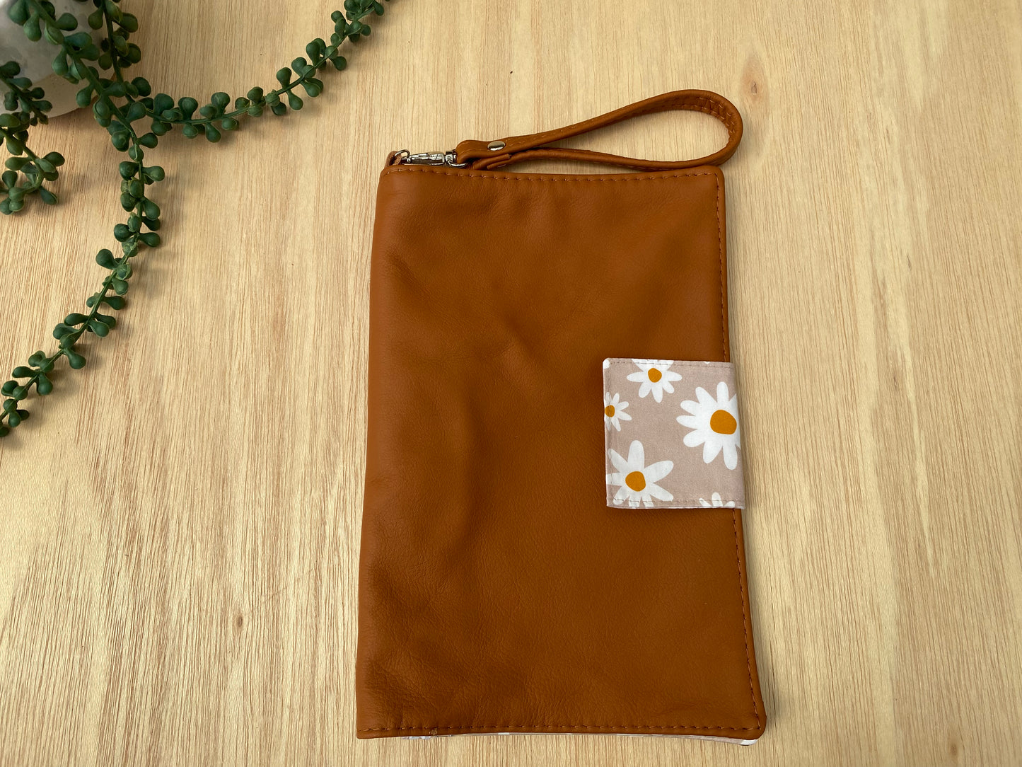 Leather Nappy Wallet - Daisy on tan leather