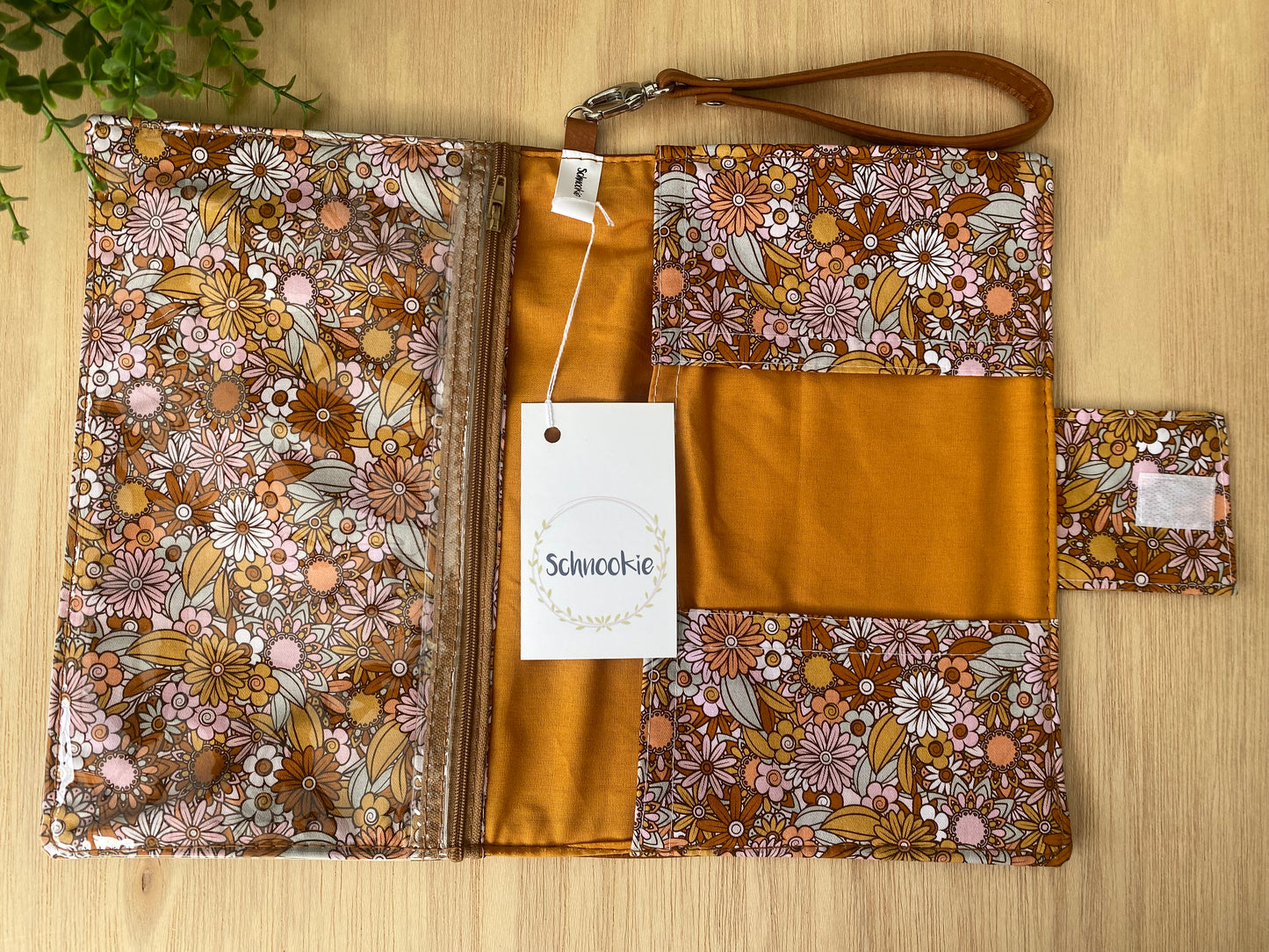 Leather Nappy Wallet - Floral on tan leather