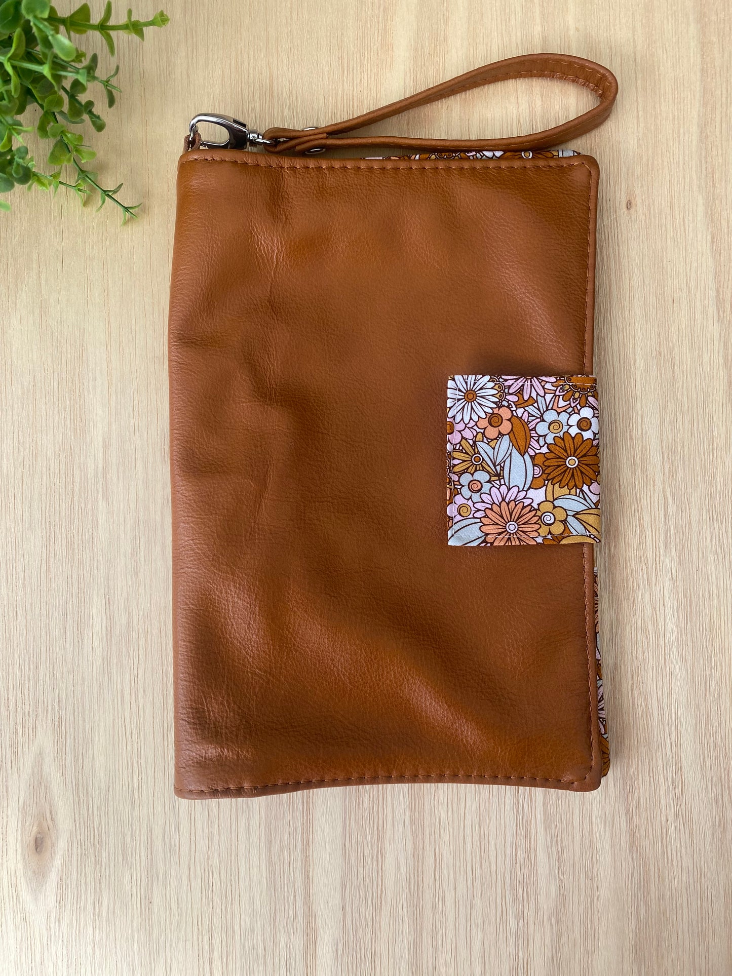 Leather Nappy Wallet - Floral on tan leather
