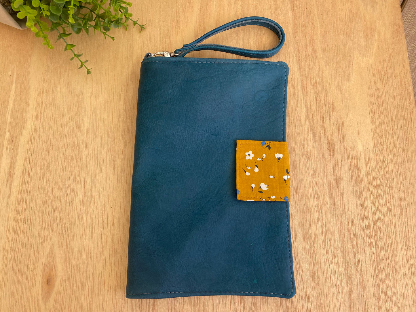 Leather Nappy Wallet - Mustard floral on blue leather