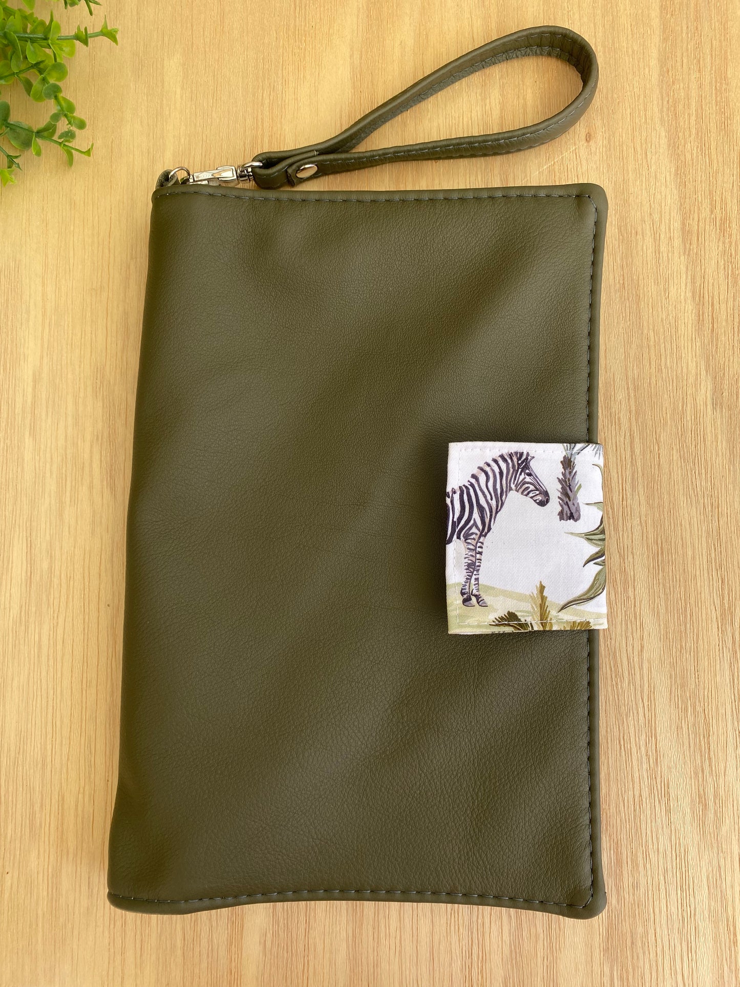 Leather Nappy Wallet - Safari on olive leather