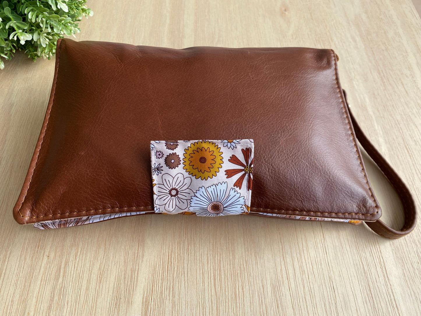 Leather Nappy Wallet - Flowers on tan leather