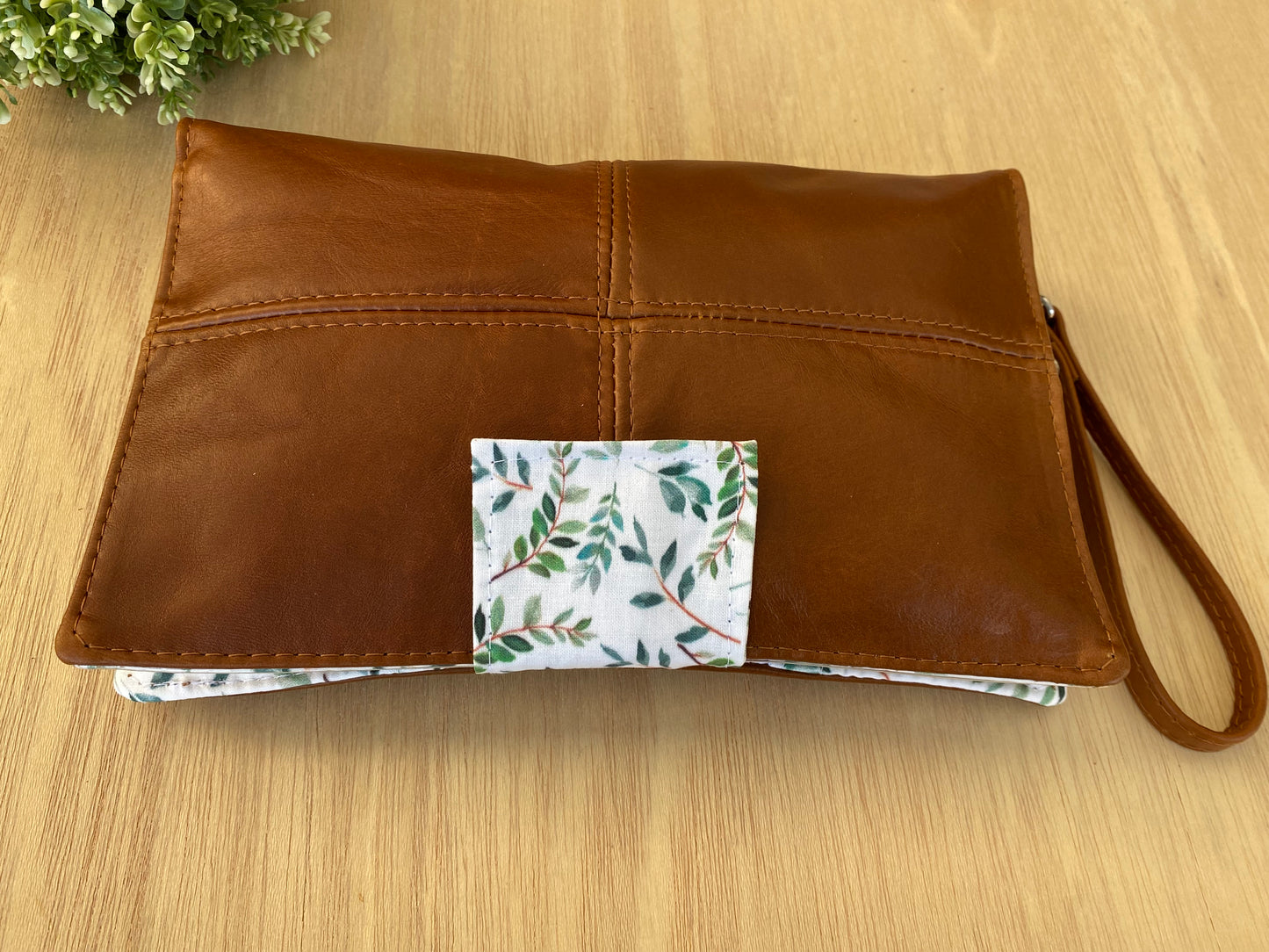 Leather Nappy Wallet - Leaves on brown leather