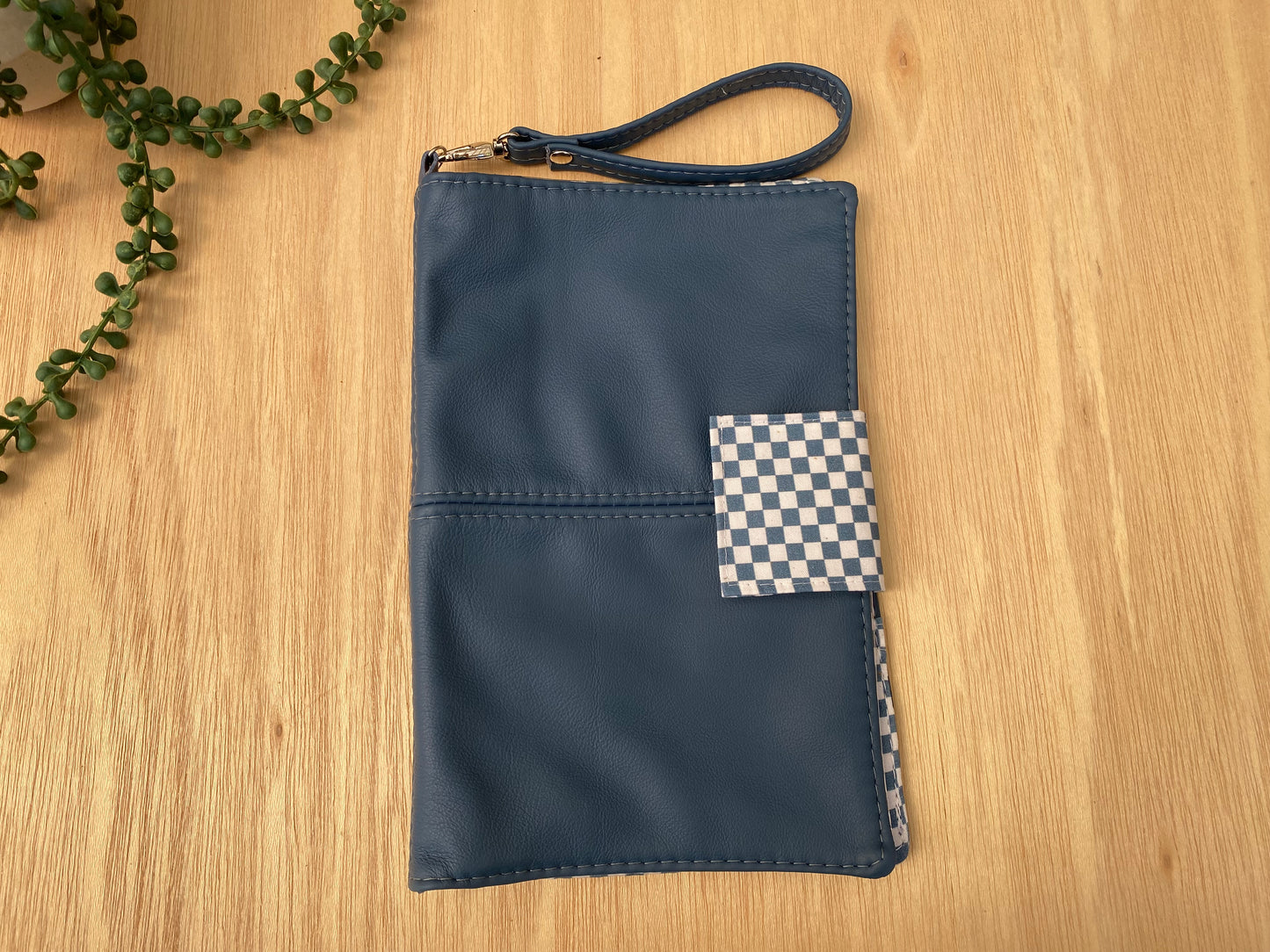 Leather Nappy Wallet - Blue check on blue leather