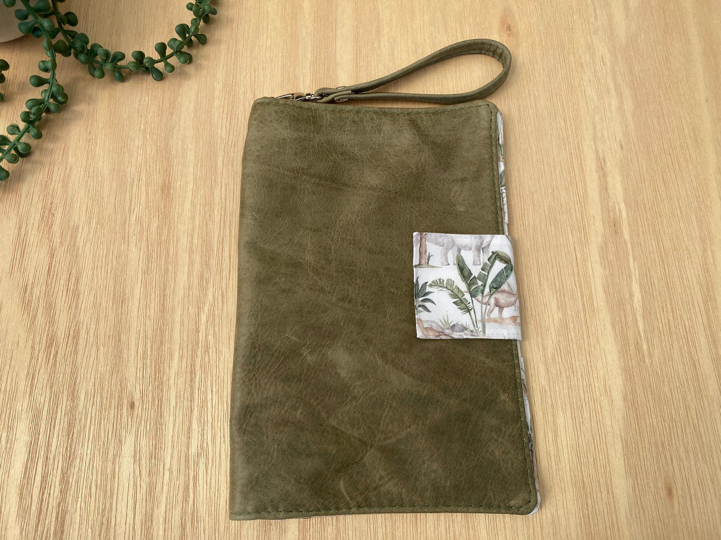 Leather Nappy Wallet - Dino on distressed olive leather