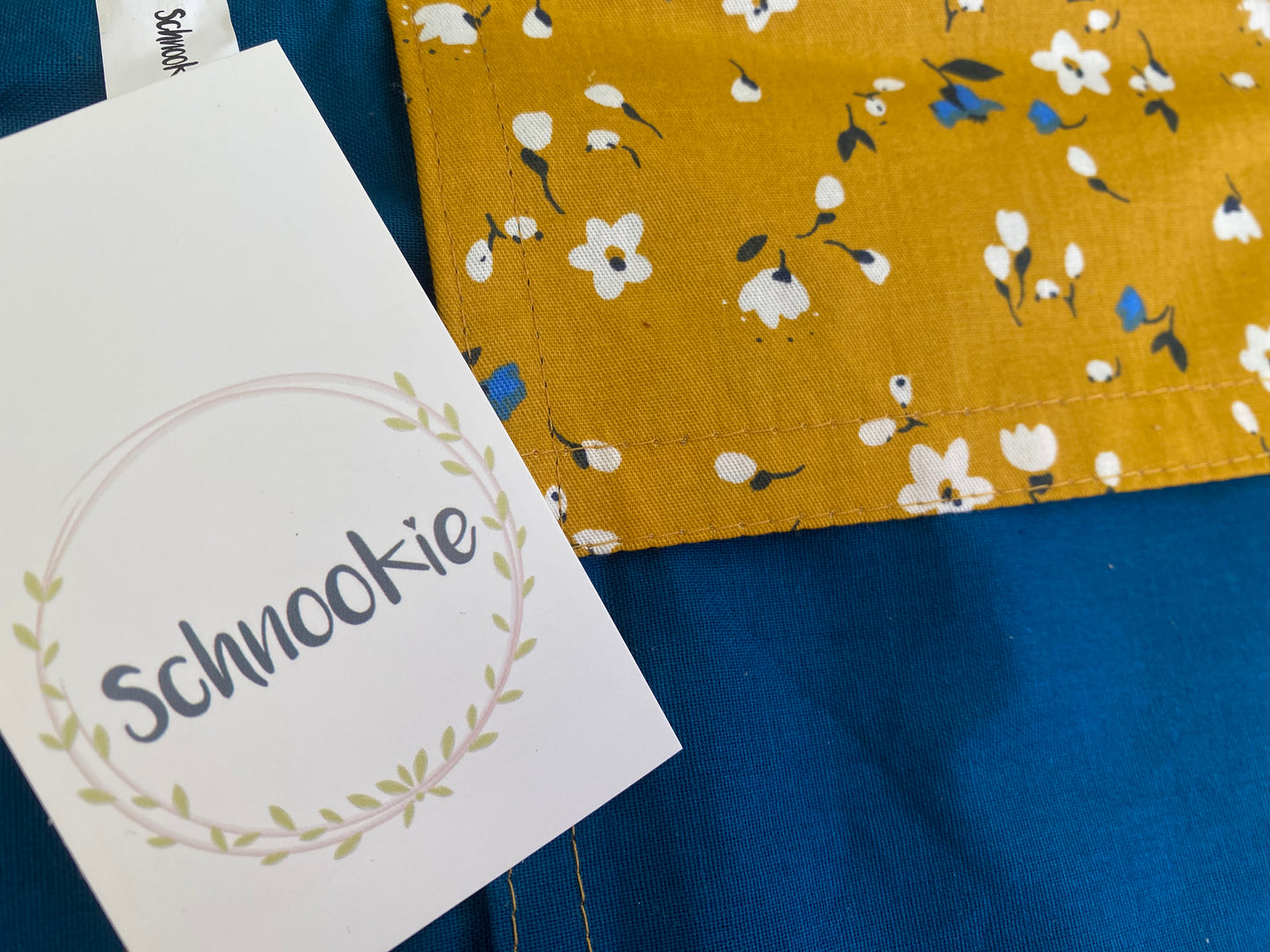 Leather Nappy Wallet - Mustard floral on blue leather
