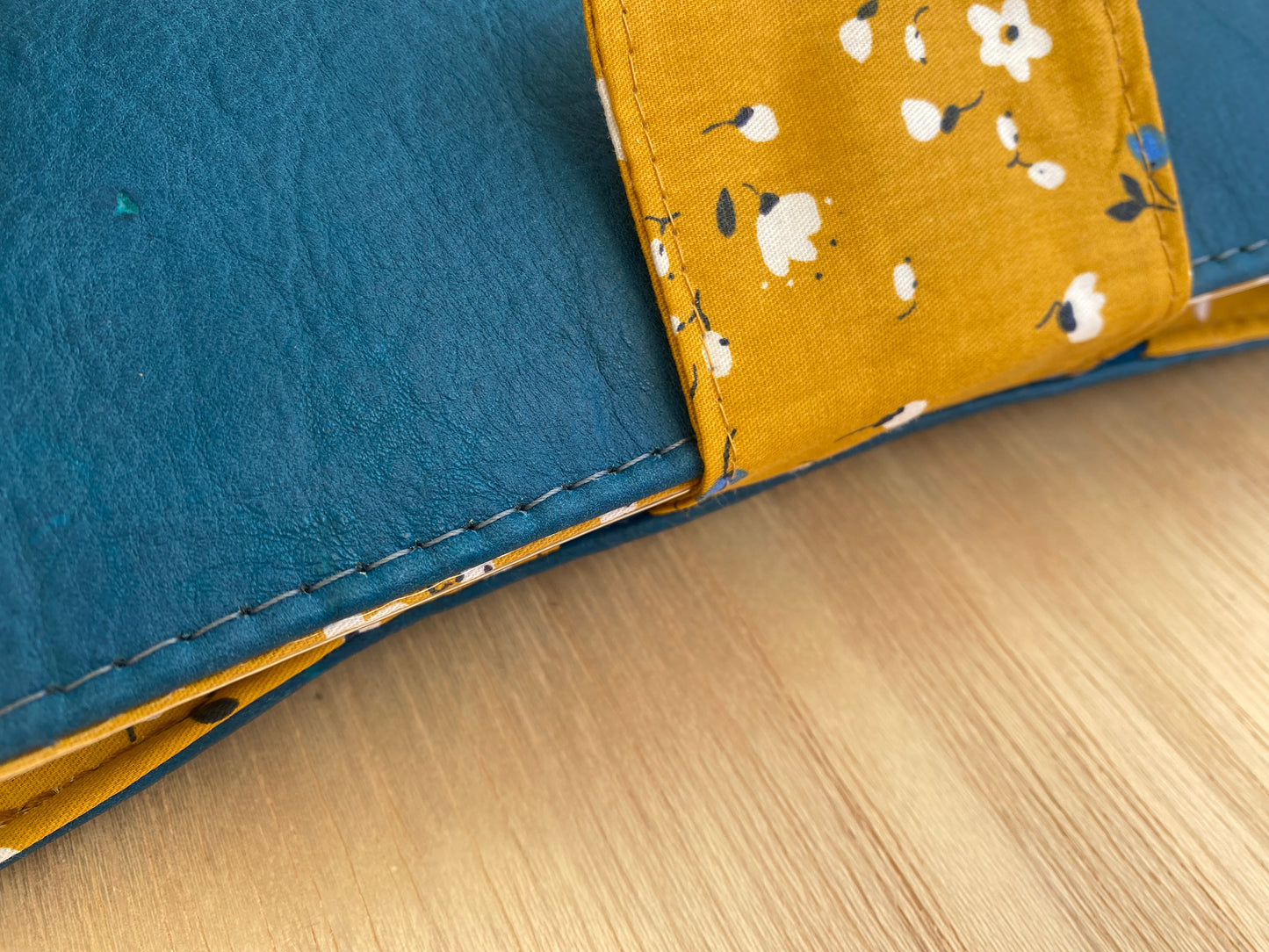 Leather Nappy Wallet - Mustard floral on blue leather