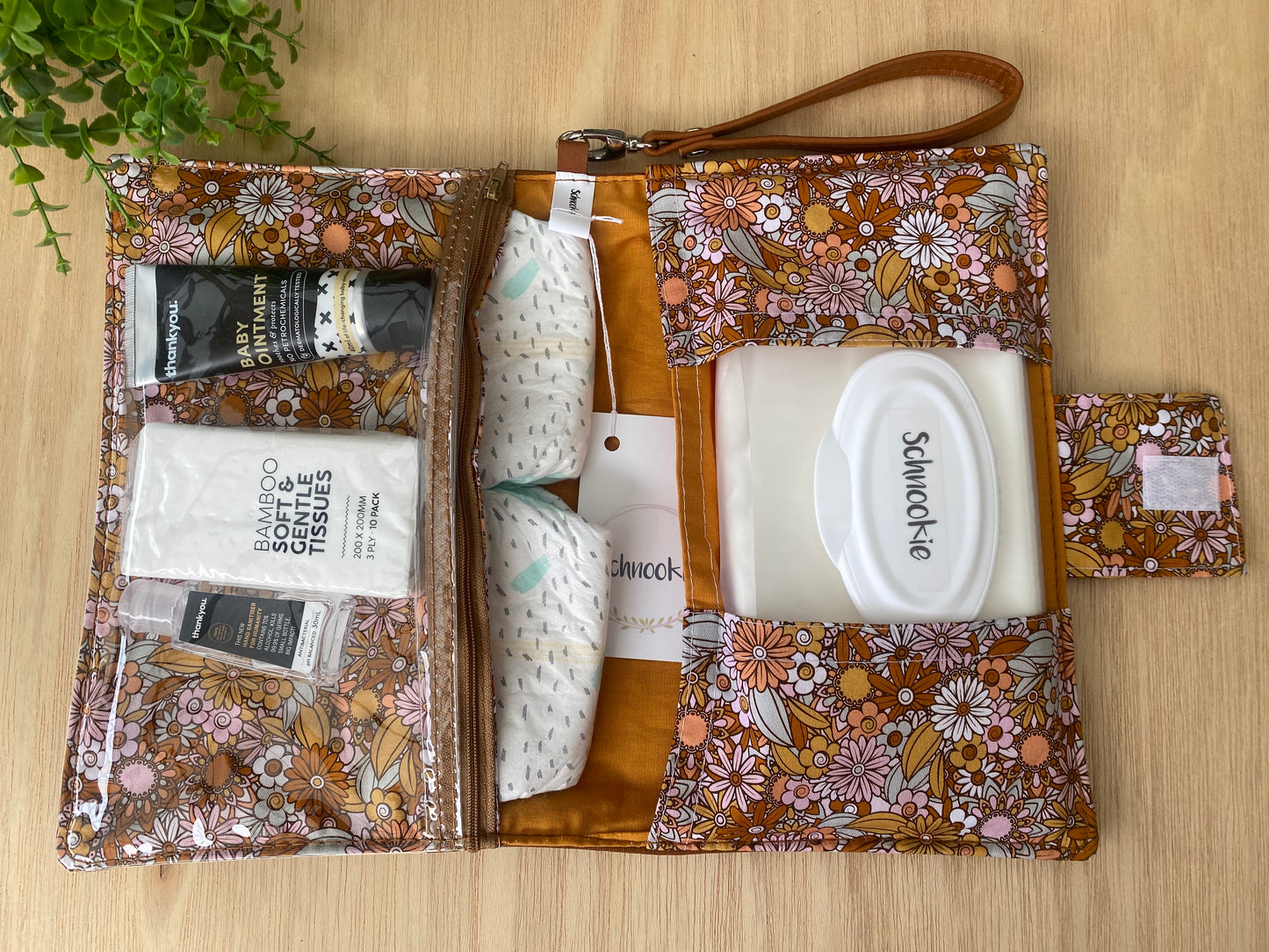 Leather Nappy Wallet - Floral on tan leather