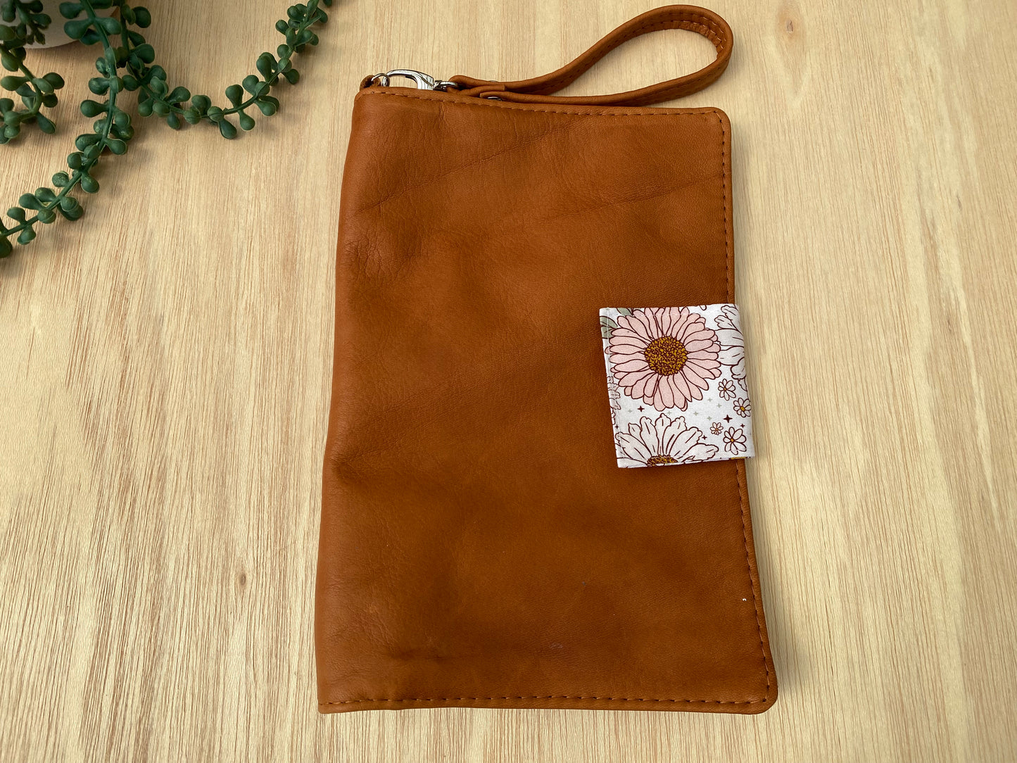 Leather Nappy Wallet - pink daisy on tan leather