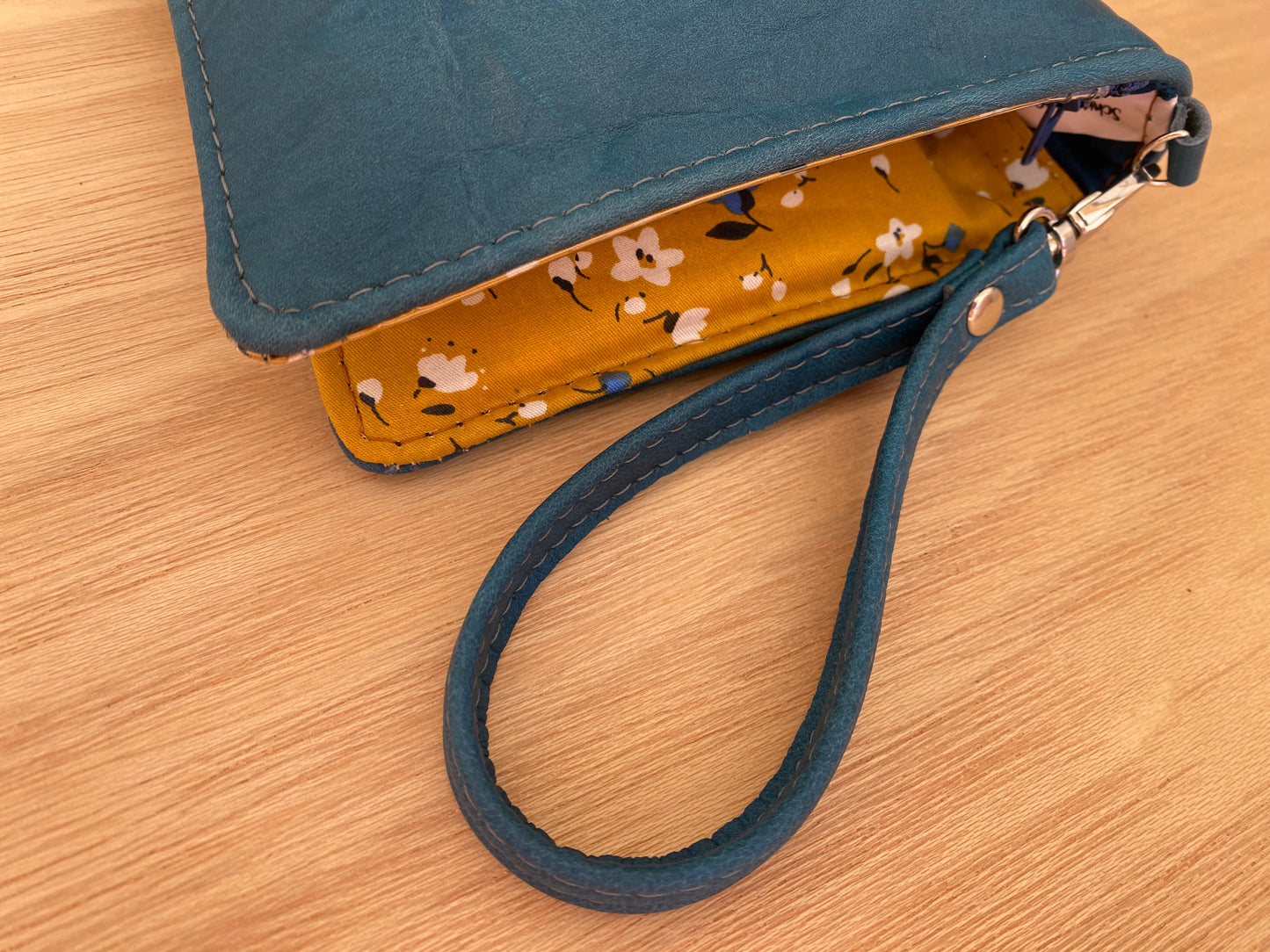Leather Nappy Wallet - Mustard floral on blue leather