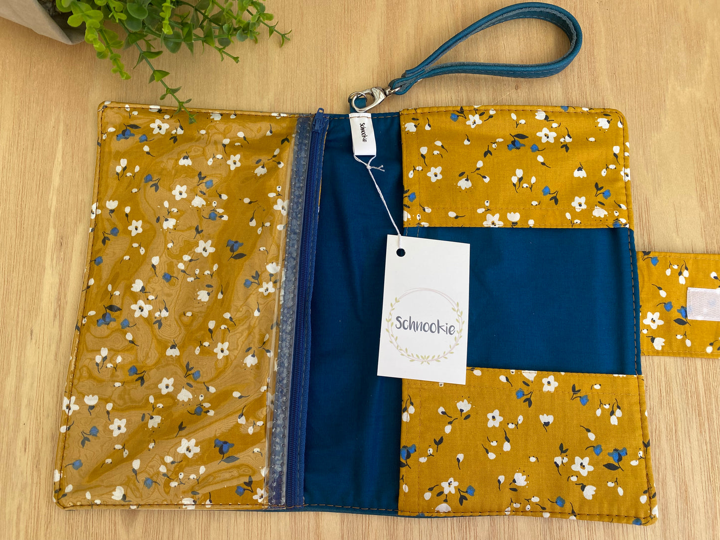 Leather Nappy Wallet - Mustard floral on blue leather