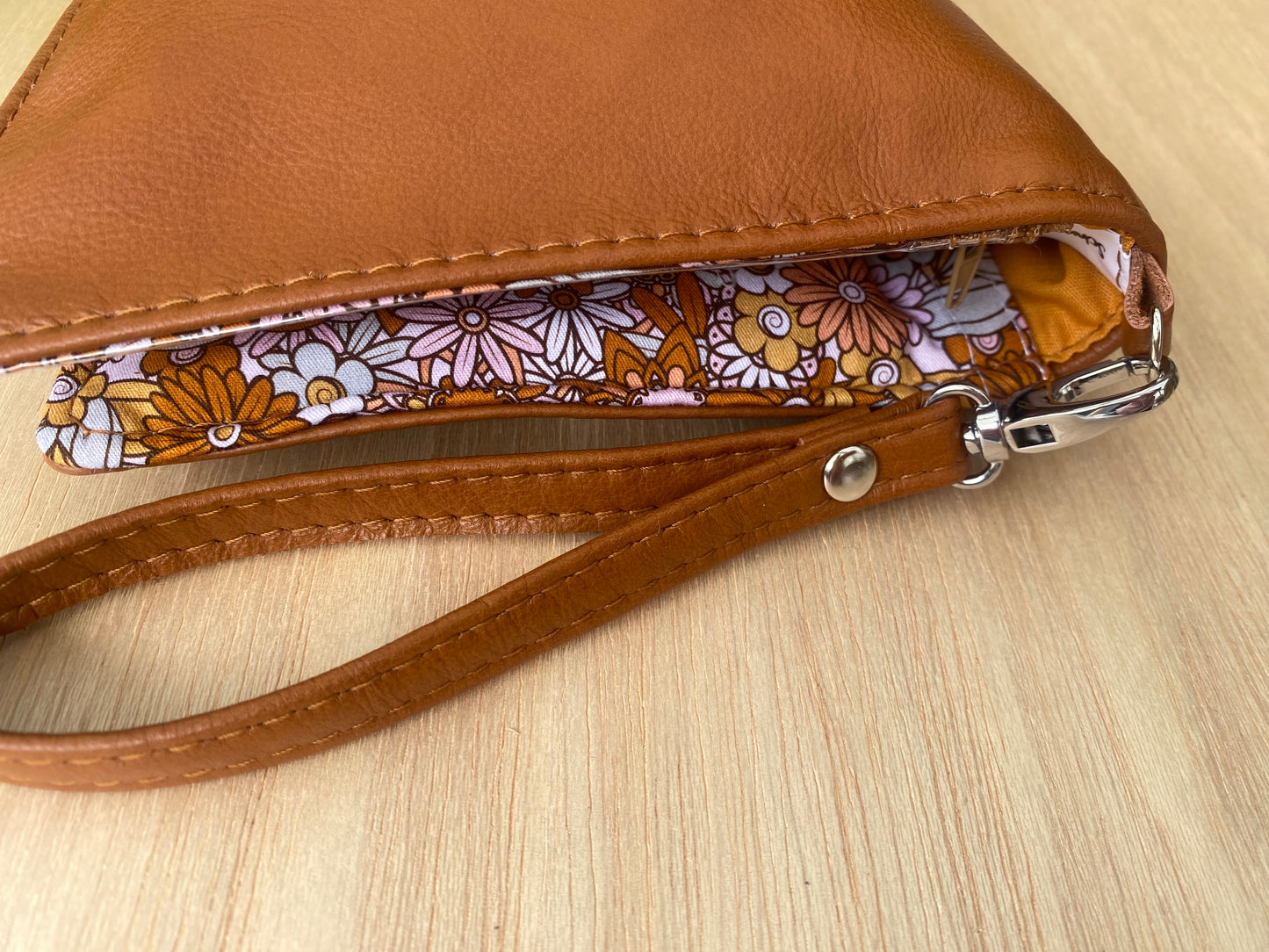Leather Nappy Wallet - Floral on tan leather