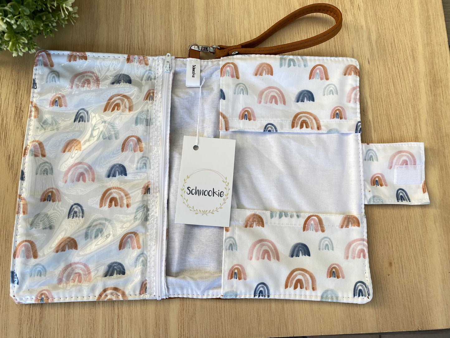 Leather nappy wallet - Watercolour rainbow on tan leather