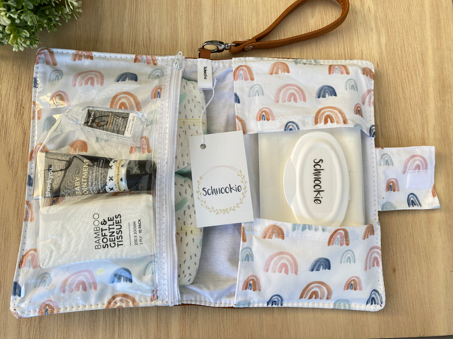 Leather nappy wallet - Watercolour rainbow on tan leather