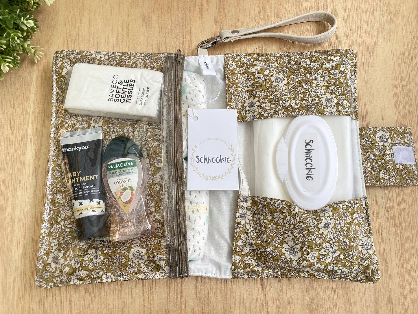 Leather Nappy Wallet -Olive vintage floral on cream leather