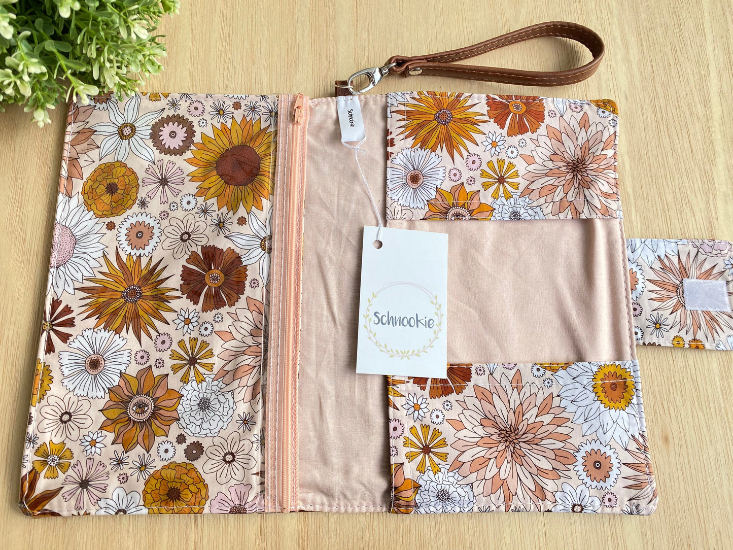 Leather Nappy Wallet - Flowers on tan leather