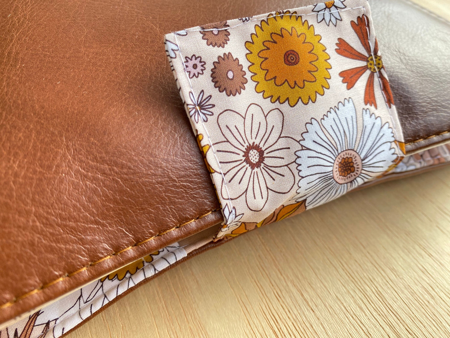 Leather Nappy Wallet - Flowers on tan leather