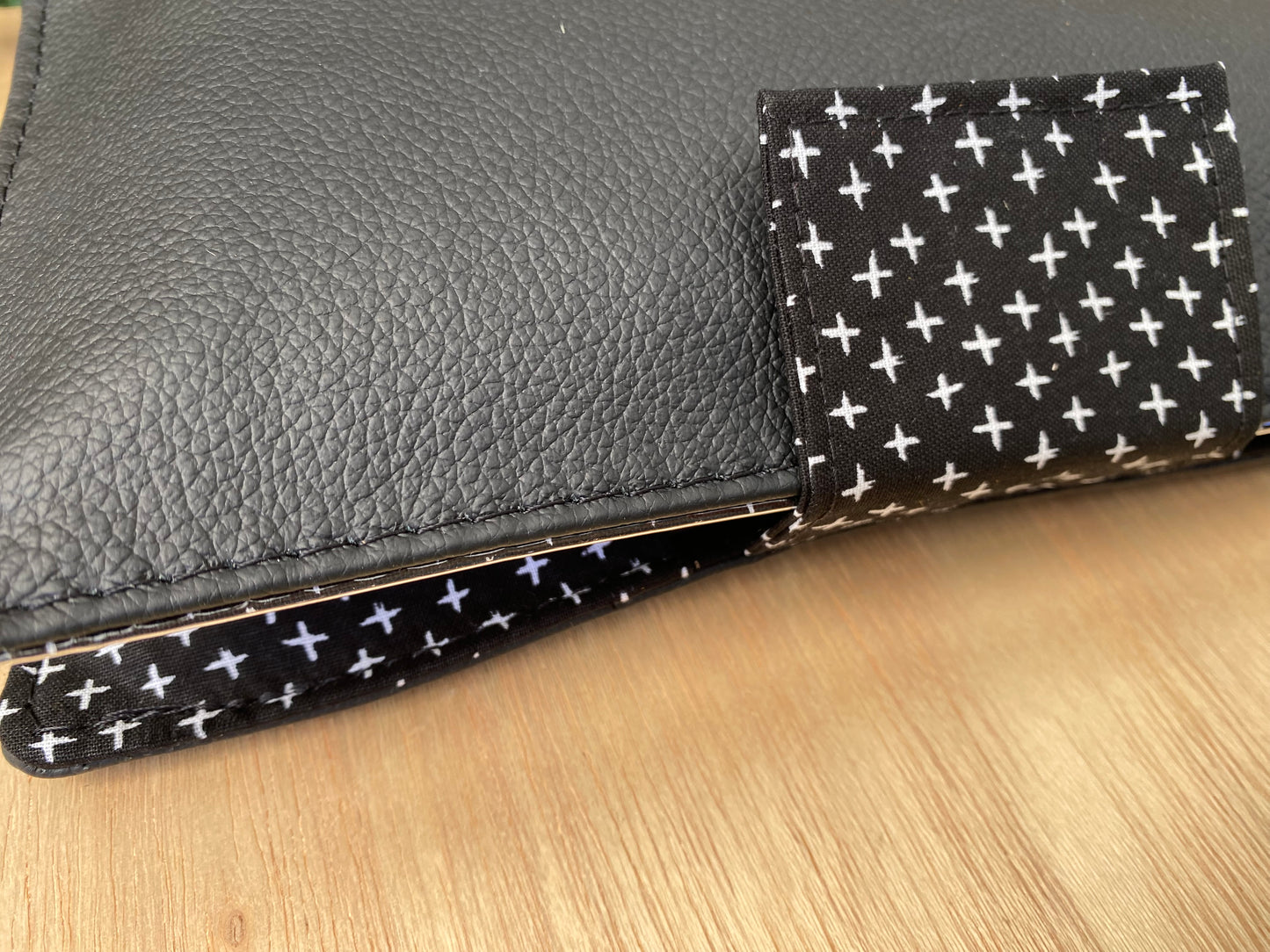 Leather Nappy Wallet - Black cross on black leather