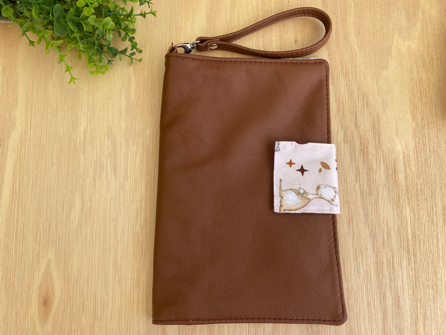 Leather Nappy Wallet - Bear on brown leather