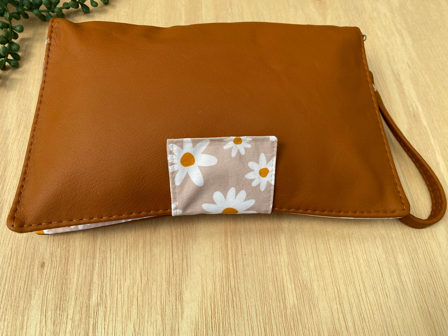 Leather Nappy Wallet - Daisy on tan leather