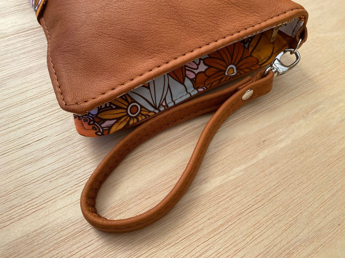 Leather Nappy Wallet - Floral on tan leather