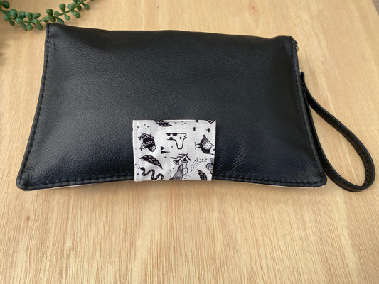 Leather Nappy Wallet - animals on black leather