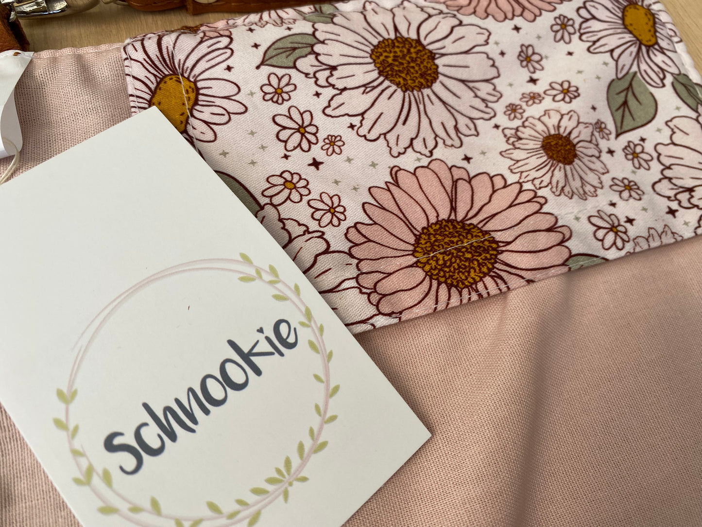 Leather Nappy Wallet - pink daisy on tan leather