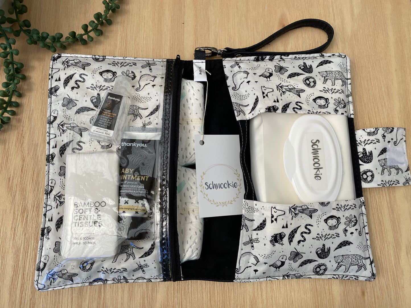 Leather Nappy Wallet - animals on black leather