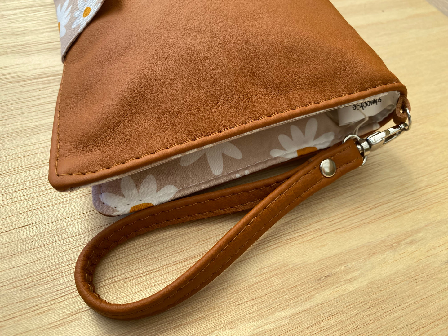 Leather Nappy Wallet - Daisy on tan leather