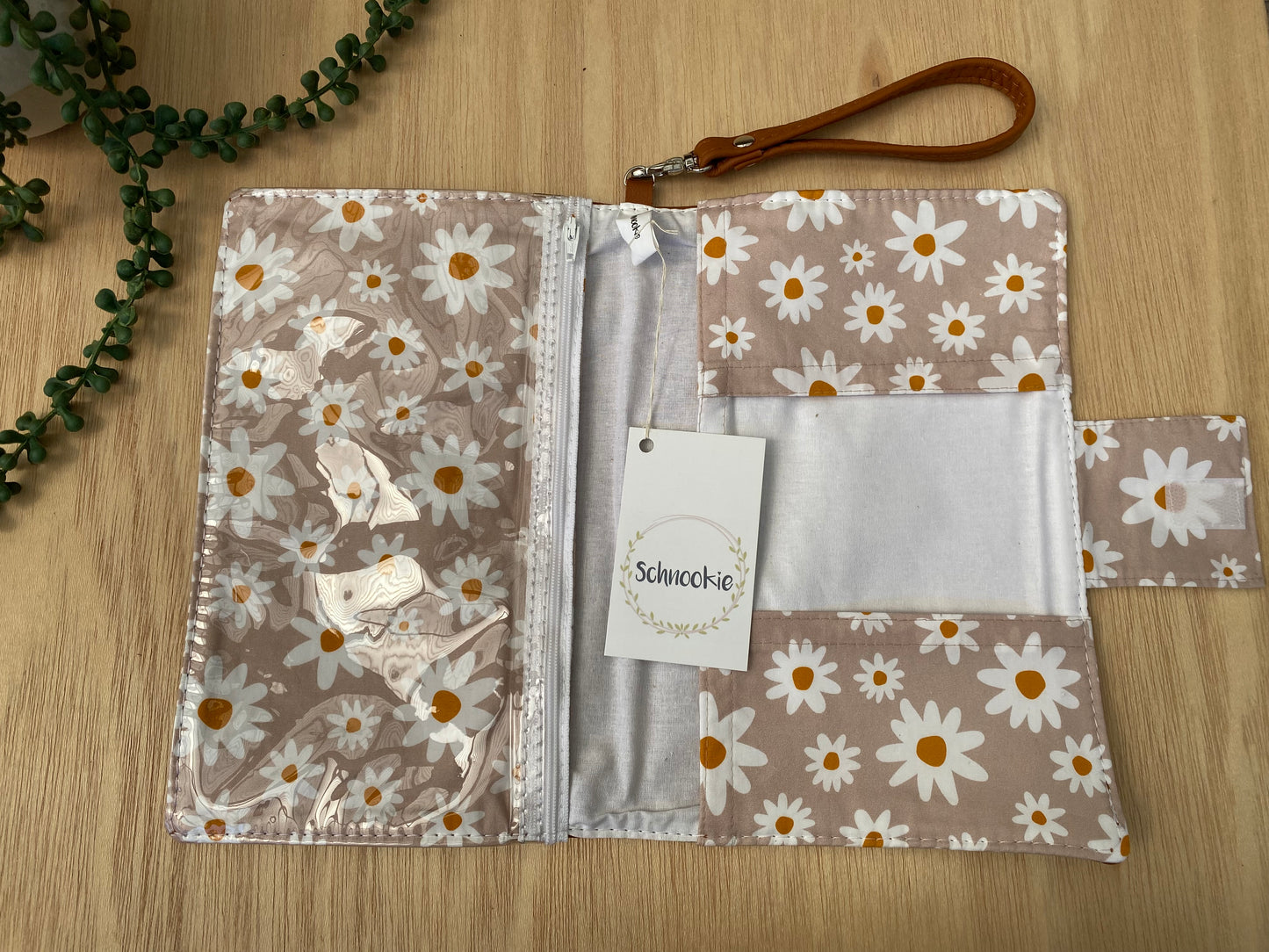 Leather Nappy Wallet - Daisy on tan leather