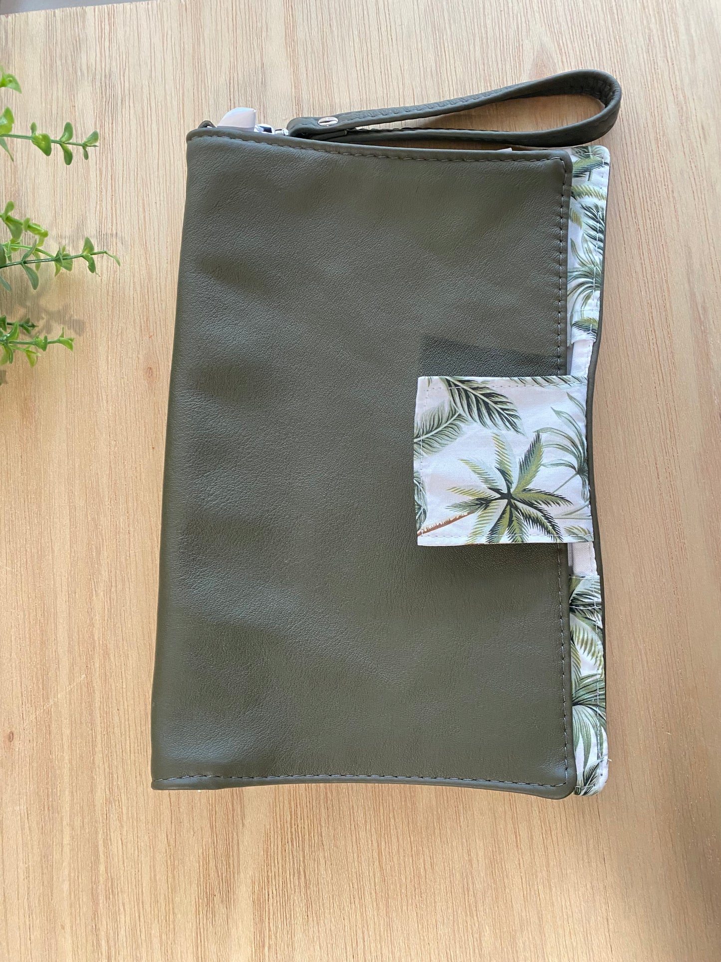 Leather Nappy Wallet - Olive Palm trees