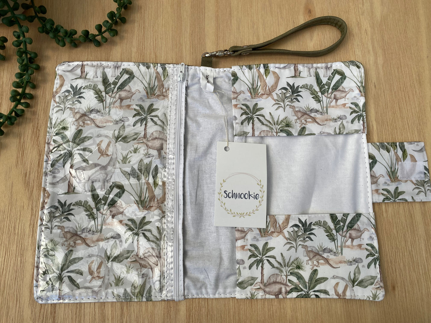 Leather Nappy Wallet - Dino on distressed olive leather