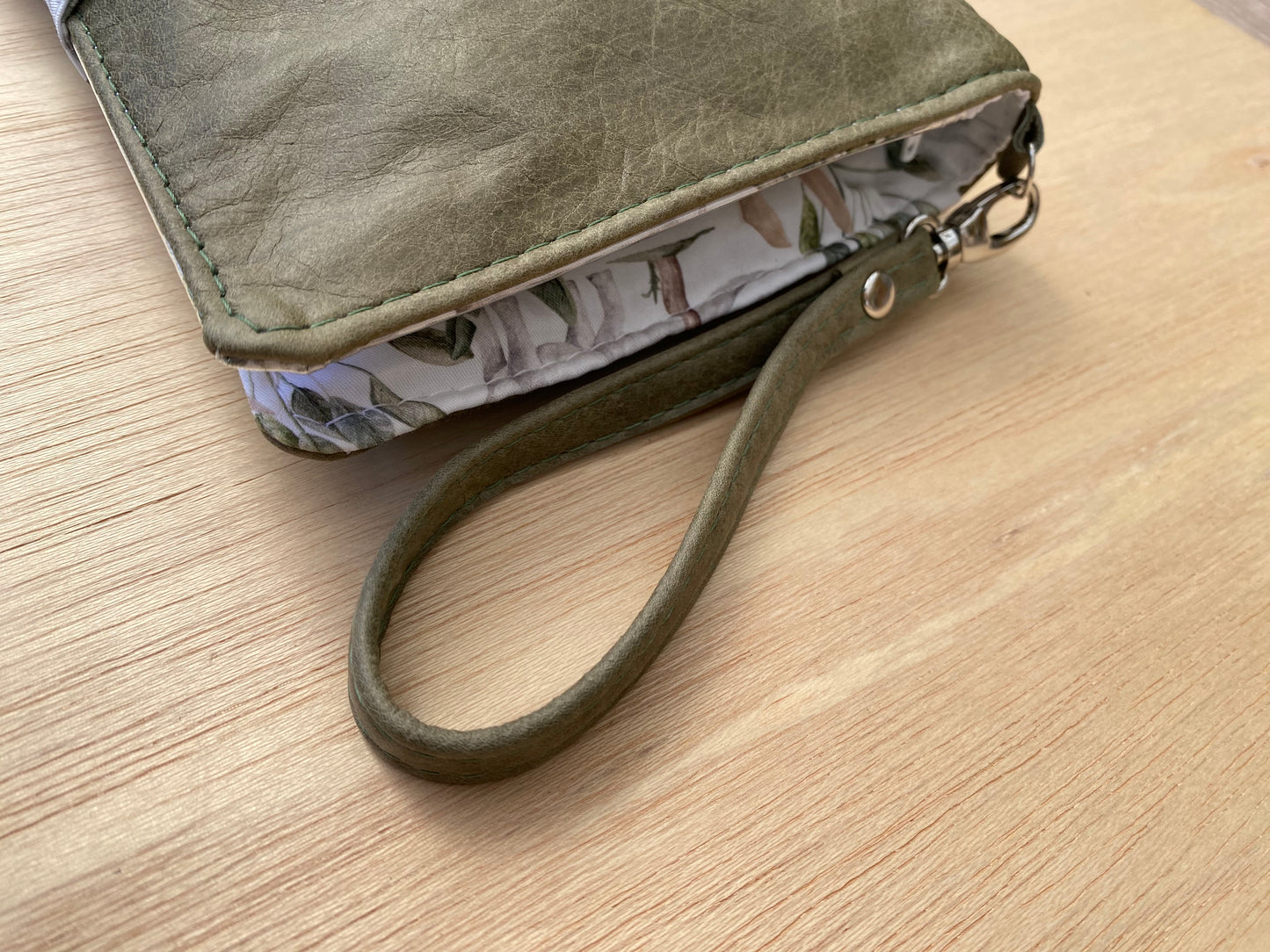Leather Nappy Wallet - Dino on distressed olive leather