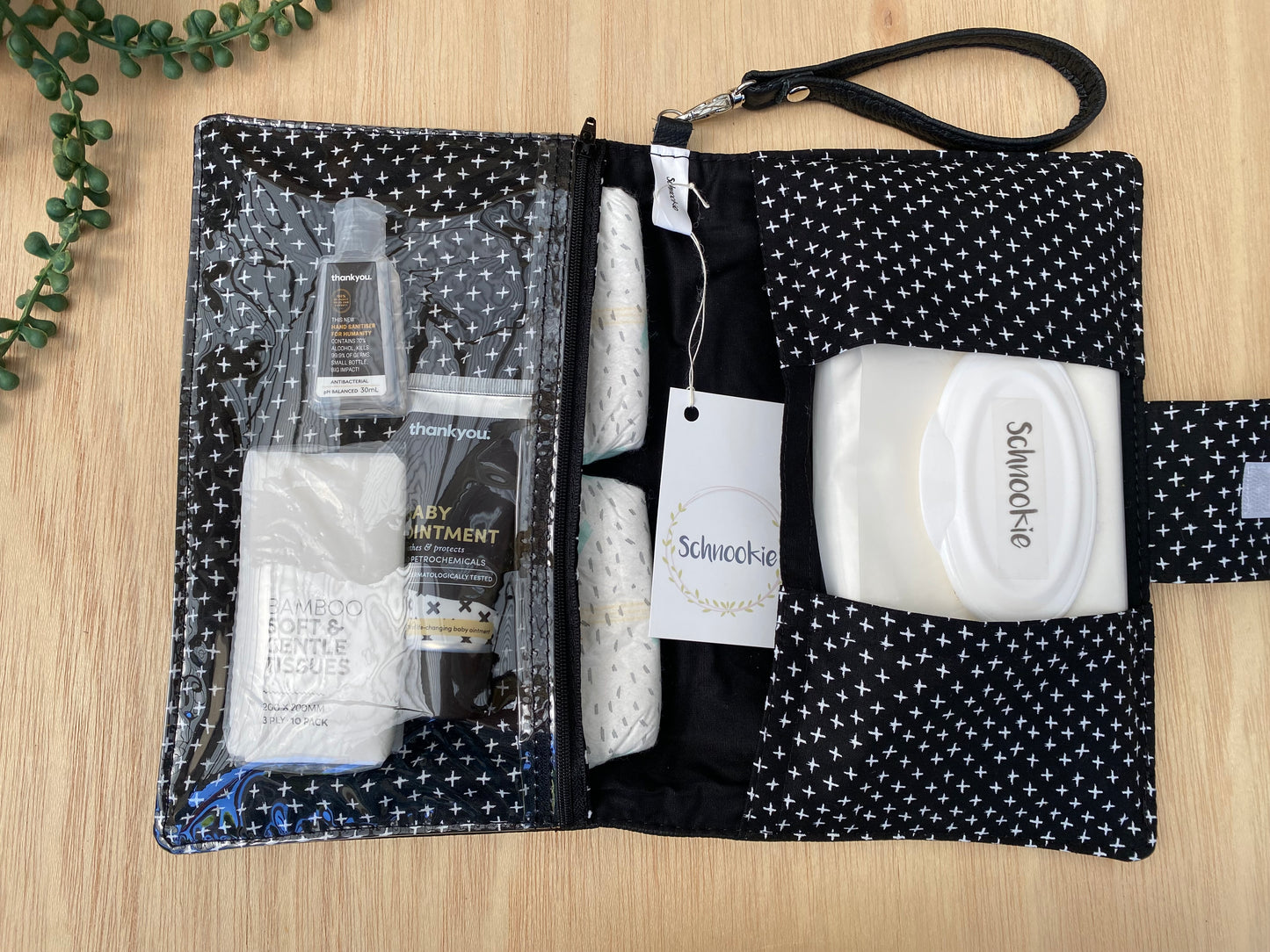 Leather Nappy Wallet - Black cross on black leather