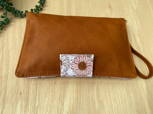 Leather Nappy Wallet - pink daisy on tan leather