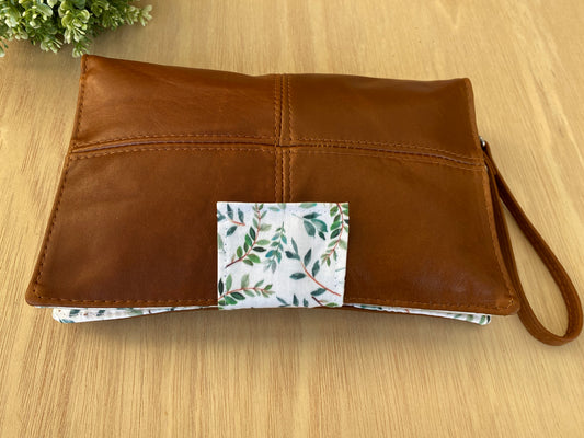 Leather Nappy Wallet - Leaves on brown leather