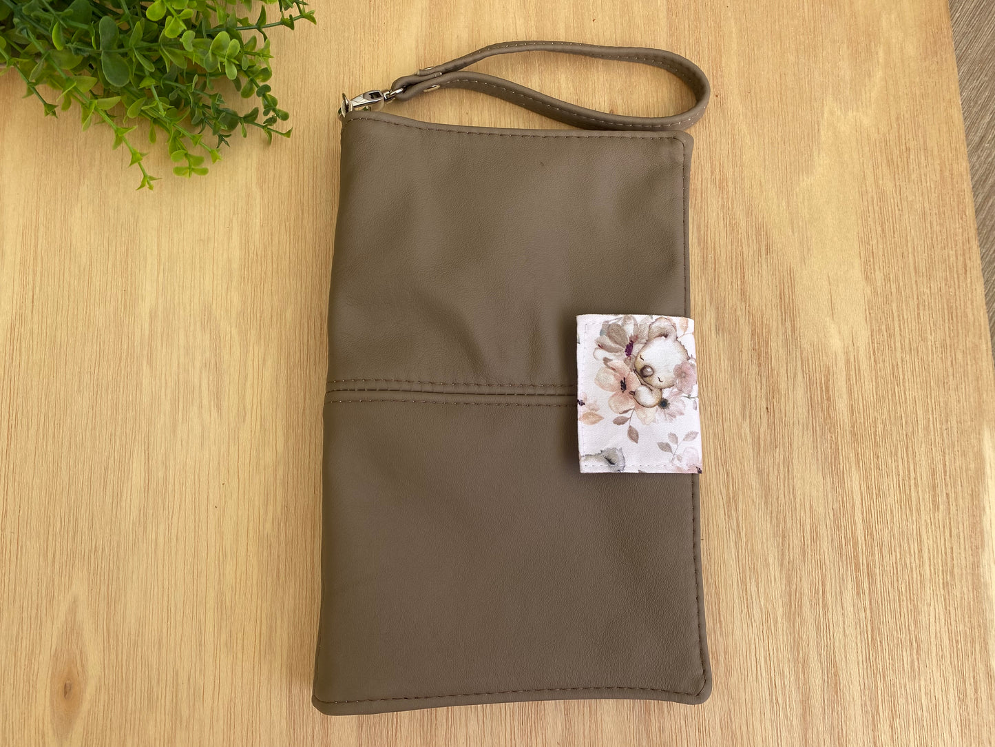 Leather Nappy Wallet - Peachy koala on taupe leather