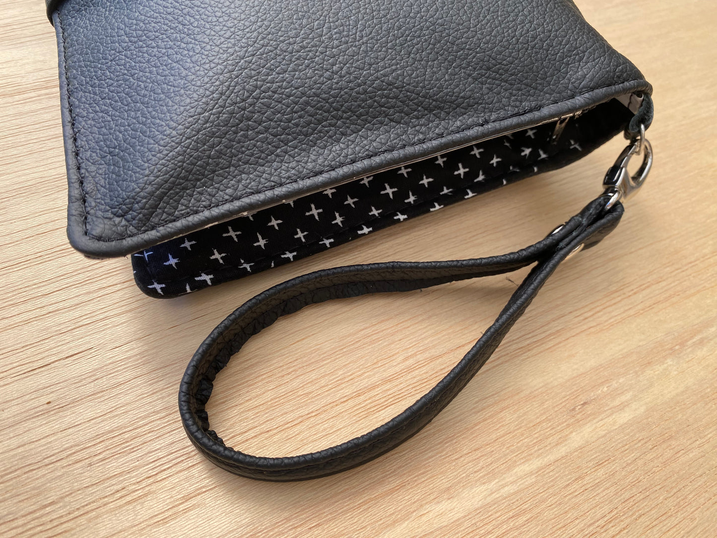 Leather Nappy Wallet - Black cross on black leather