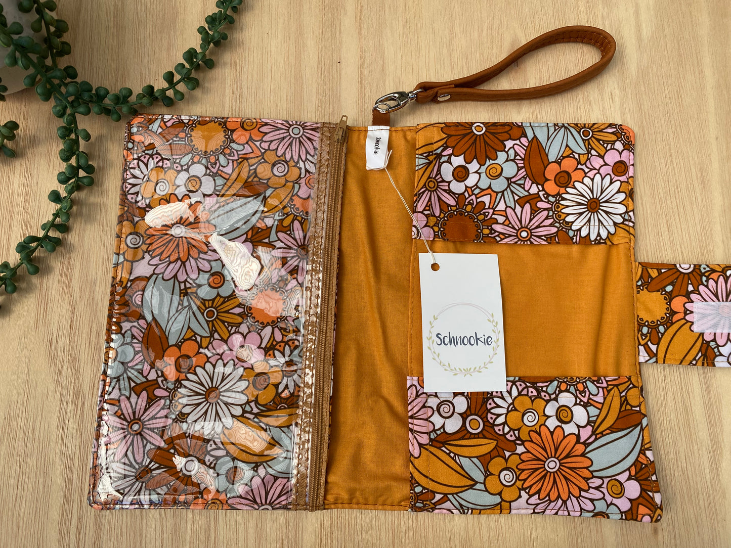 Leather Nappy Wallet - Floral on tan leather