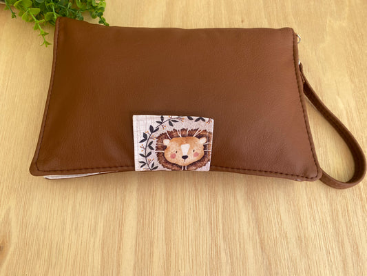 Leather Nappy Wallet - Bear on brown leather