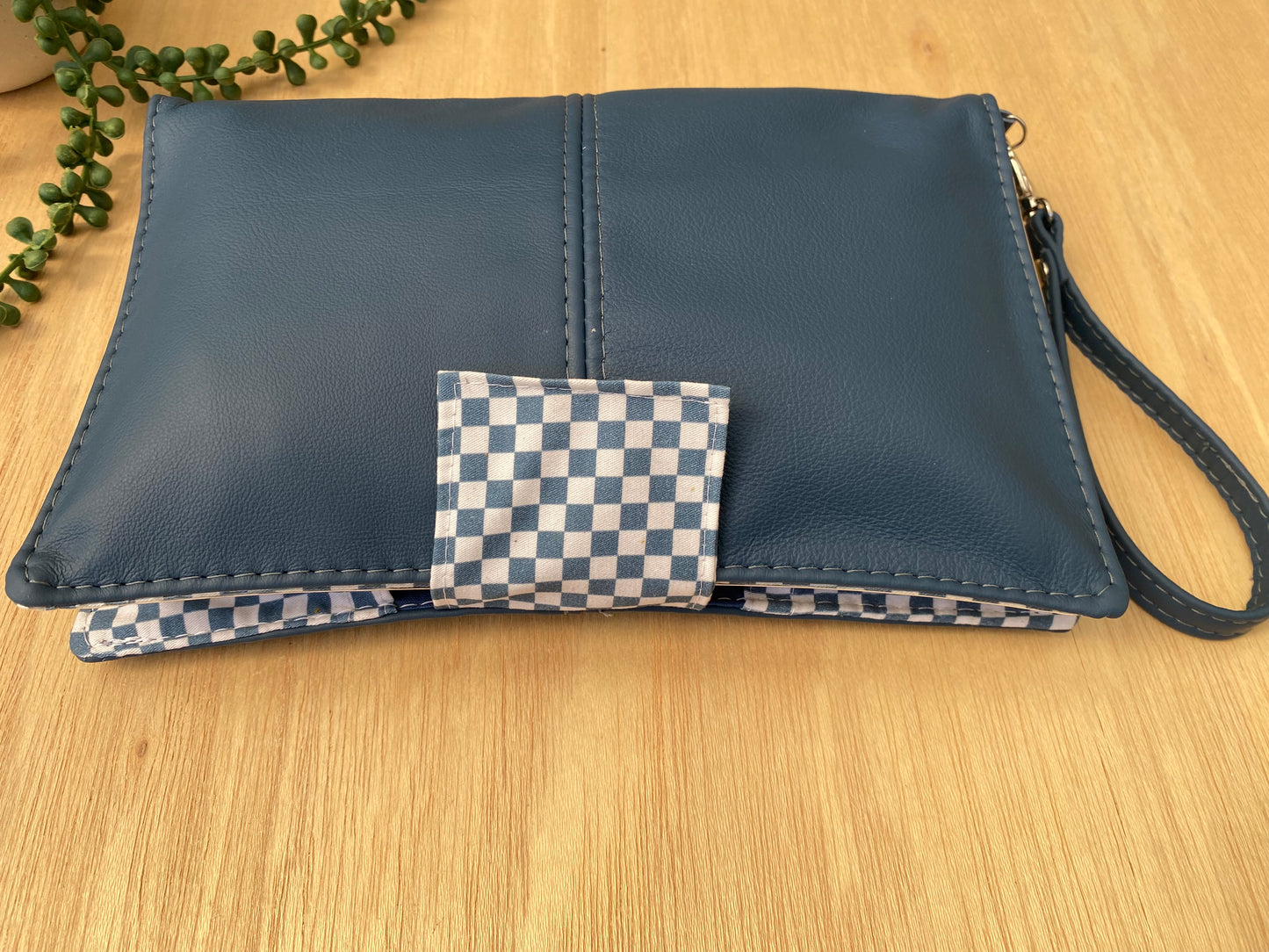 Leather Nappy Wallet - Blue check on blue leather
