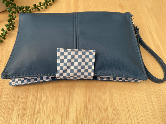 Leather Nappy Wallet - Blue check on blue leather
