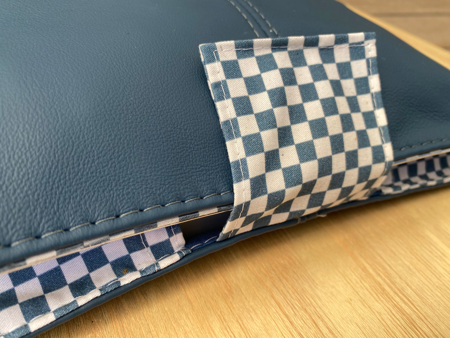 Leather Nappy Wallet - Blue check on blue leather