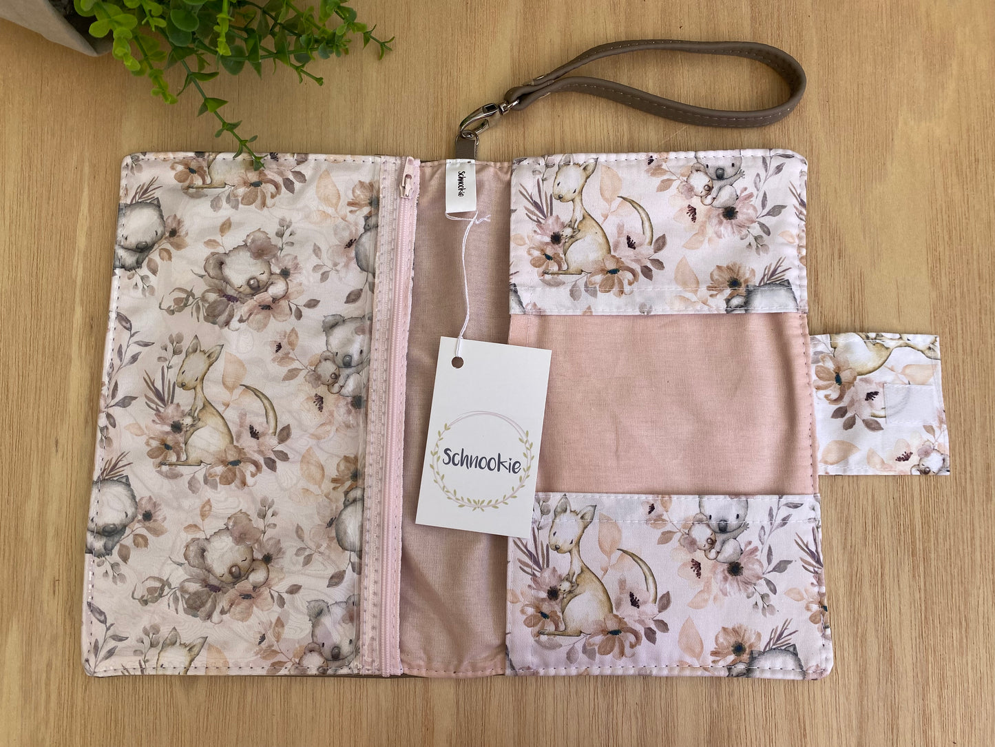 Leather Nappy Wallet - Peachy koala on taupe leather