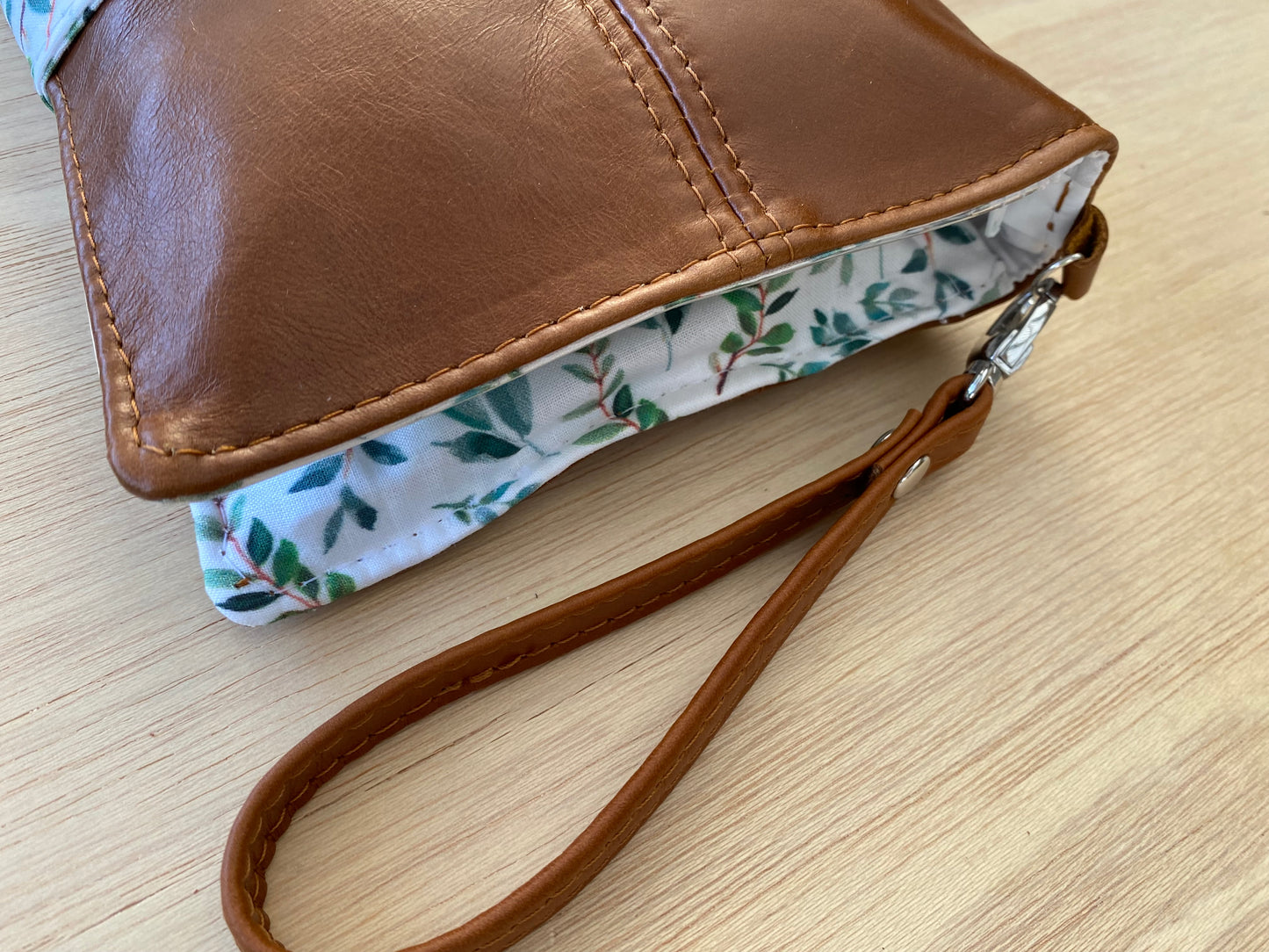 Leather Nappy Wallet - Leaves on brown leather