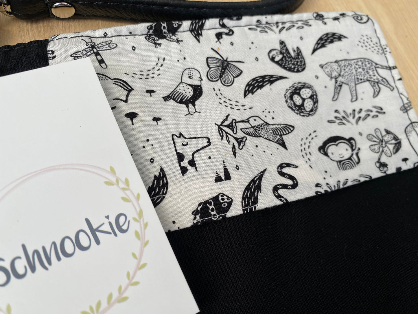 Leather Nappy Wallet - animals on black leather