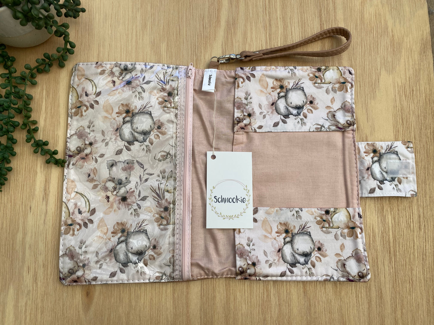 Leather Nappy Wallet - koalas on peachy leather