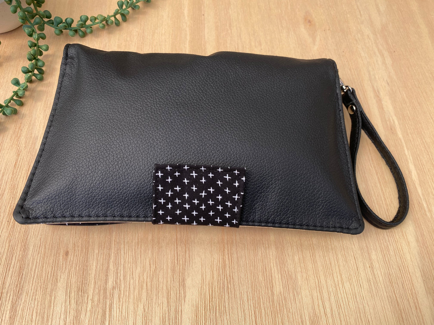 Leather Nappy Wallet - Black cross on black leather