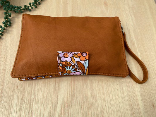 Leather Nappy Wallet - Floral on tan leather