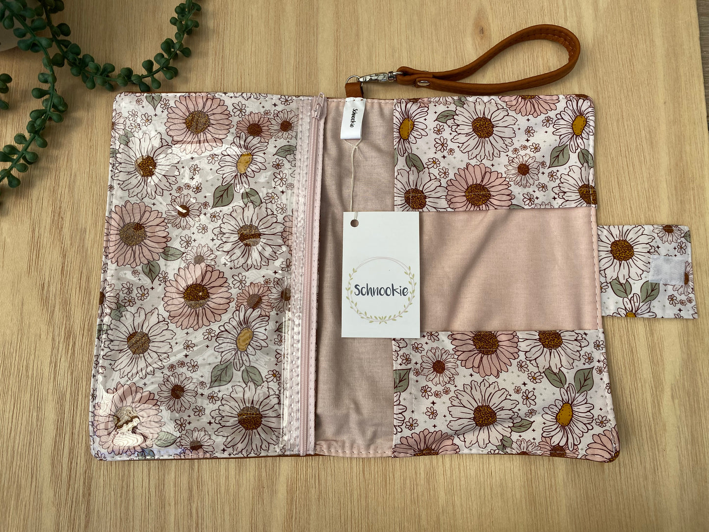 Leather Nappy Wallet - pink daisy on tan leather